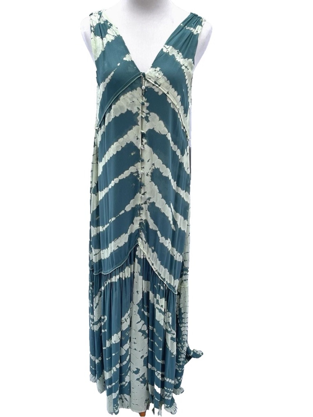 V-Neck Teal and Cream Tie-Dye Maxi Dress